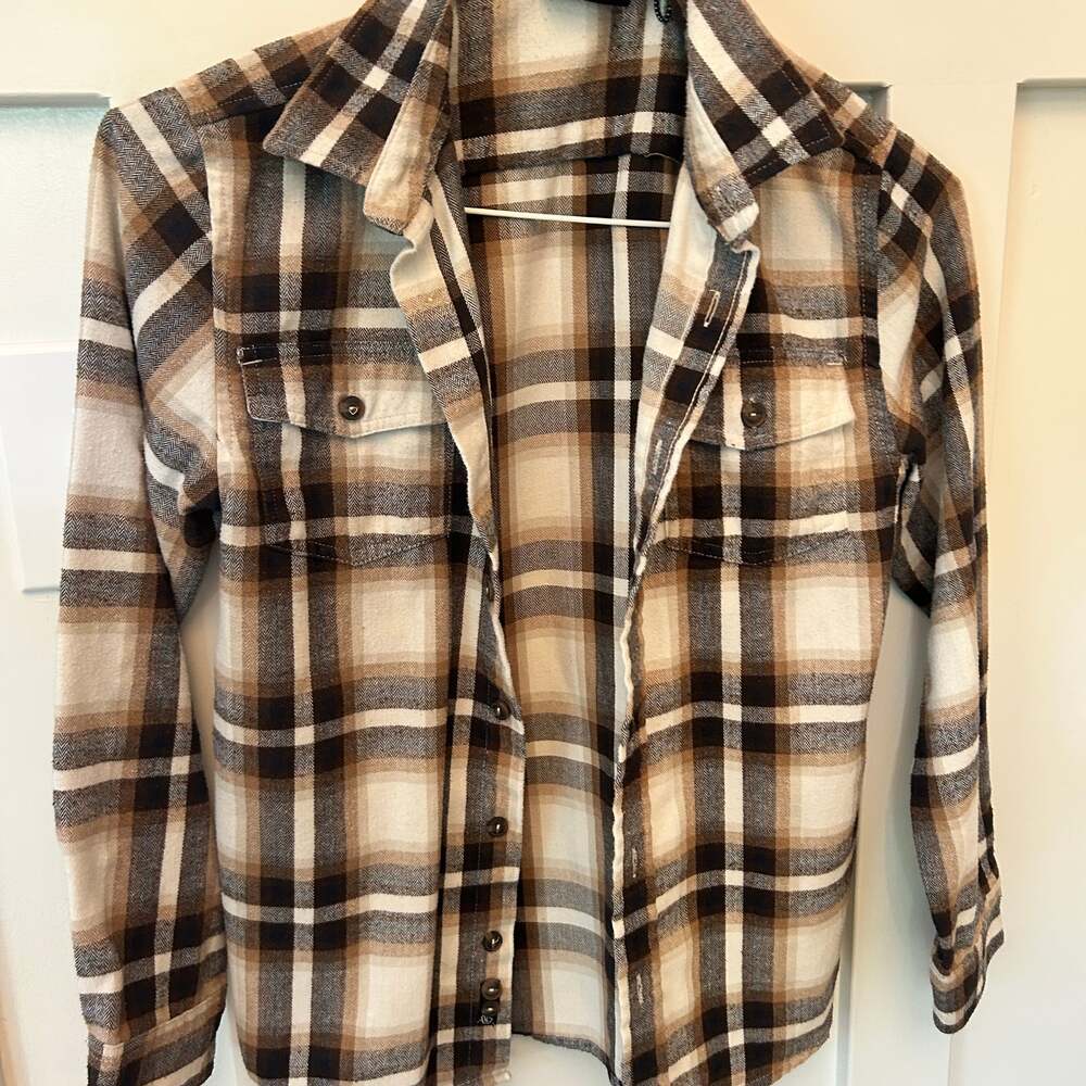 Burnside youth size 12  Plaid Flannel Shirt in Dark Khaki great condition